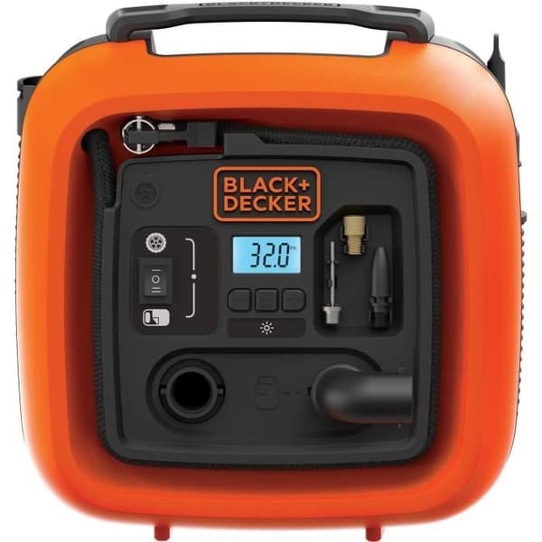 BLACK+DECKER ASI400-XJ trådbunden inflator-kompressor med 1 nål och 2 spetsar - 11 stänger, 160 PSI - 12 V cigarettändare