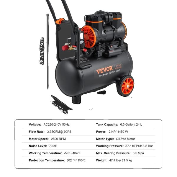 VEVOR Tyst Luftkompressor, 9,3 Gallon Kapacitet, 2,5 HK Effekt,24L 1450W