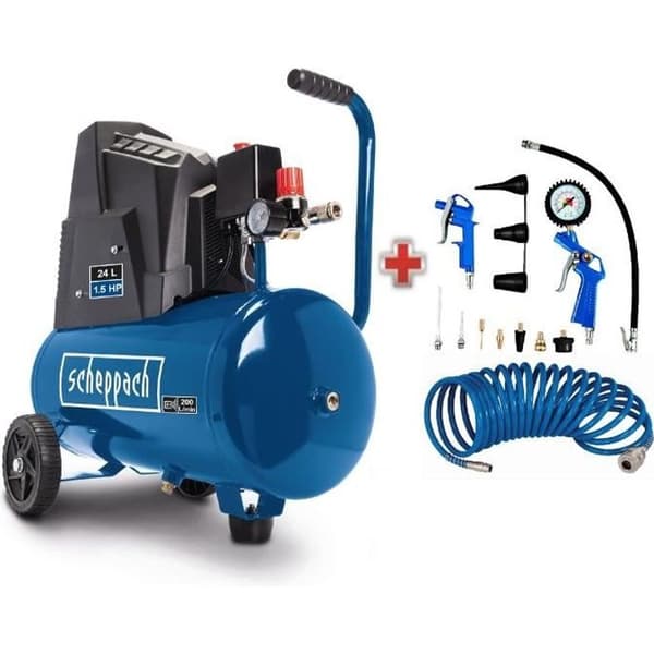 Horisontell luftkompressor Scheppach HC30o - 24L - 110 W - 8 bar (Levereras med en uppsättning av 13 tillbehör)
