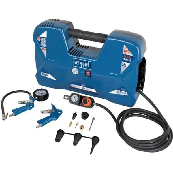 Bärbar kompressor Scheppach AIR CASE - 2L- 1100 W - 8 stång (Levereras med 12 tillbehör, en blåspistol, ett uppblåsningshandtag)