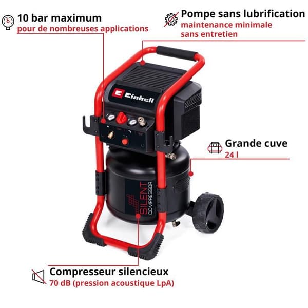 Einhell Tyst Kompressor TE-AC 240/24 Silent (1500 W, Max. 10 bar, Tank 24L, 240 l/min, 70dB, oljefri motor)
