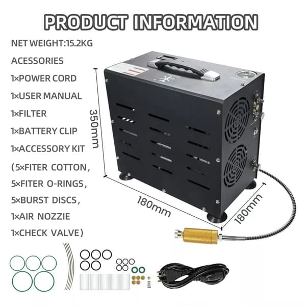 TUXING PCP Ilmakompressori, 4500PSI Työpaine, 20L/min Ilmavirta,Voidaan täyttää 0-2L, 220V