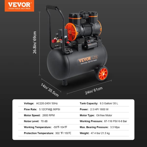 VEVOR Stille Luftkompressor, 9,3 Gallon Kapacitet, 2,5 HK Effekt,35L 1800W