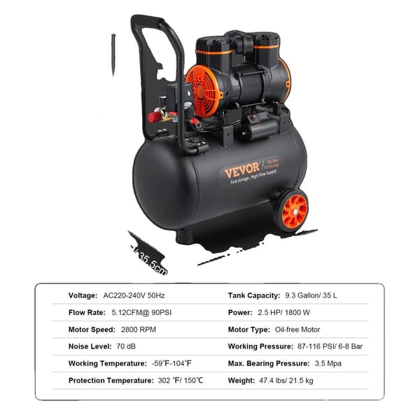 VEVOR Stille Luftkompressor, 9,3 Gallon Kapacitet, 2,5 HK Effekt,35L 1800W