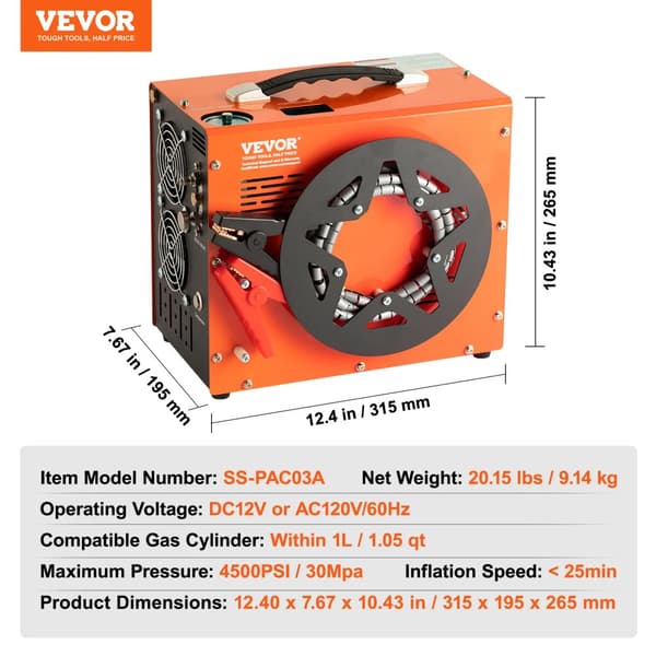 Bærbar PCP Luftkompressor, 4500PSI Maksimalt Tryk, 25min Oppustningshastighed,EU, 350w