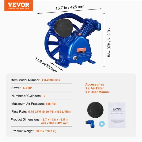 VEVOR Ilmakompressori, 3,0 HP, 5,5 HP, 116 PSI Maksimipaine, 185 PSI Maksimipaine,5,5 hv