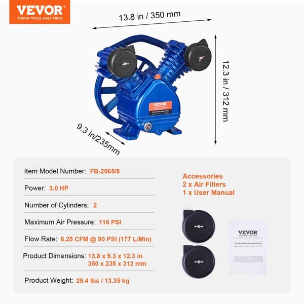 VEVOR Ilmakompressori, 3,0 HP, 5,5 HP, 116 PSI Maksimipaine, 185 PSI Maksimipaine,3hv