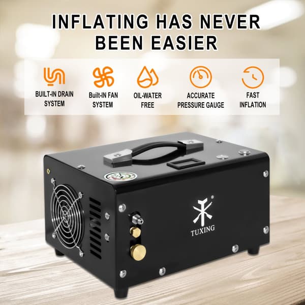 TUXING 300Bar PCP Ilmakompressori, 4500Psi Työpaine, Kannettava 12V Virtavaihtoehto,220V-12V, Manuaalinen sammutus