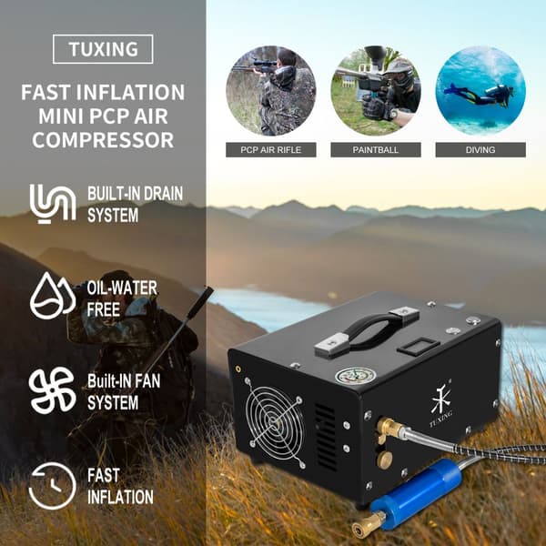 TUXING 300Bar PCP Ilmakompressori, 4500Psi Työpaine, Kannettava 12V Virtavaihtoehto,220V-12V, Manuaalinen sammutus