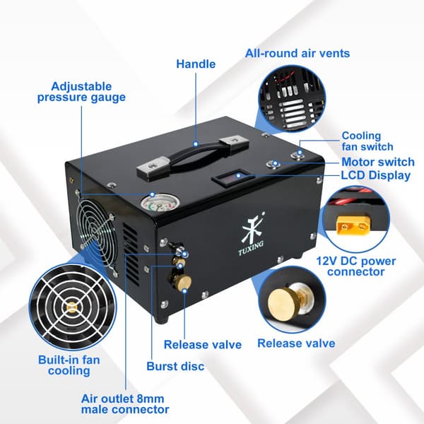 TUXING 300Bar PCP Ilmakompressori, 4500Psi Työpaine, Kannettava 12V Virtavaihtoehto,220V-12V, Manuaalinen sammutus
