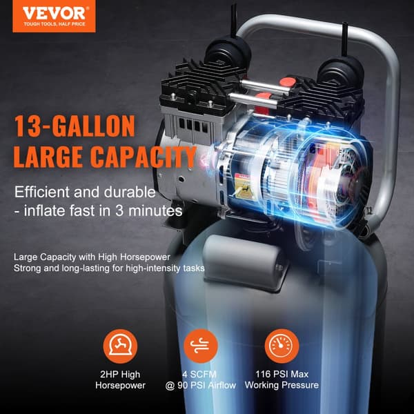 13 Gallonin Ilmakompressori, 2HV Teho, 116 PSI Maksimipaine, Öljytön Käyttö