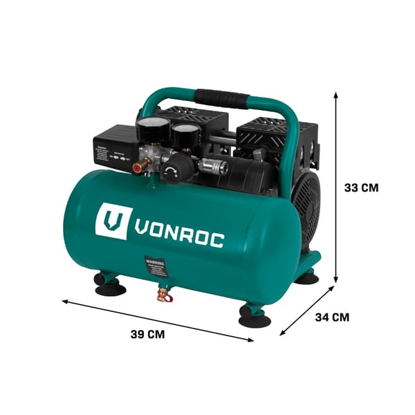 VONROC PRO Luftværktøj Startpakke – 6L | Støjsvag Kompressor + Dækpumpe, Blæsepistol, Sprøjtepistol & 5m Spiralslange – Alt-i-én Sæt