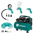 Miniatyrbillede 1 af 7: VONROC PRO Luftværktøj Startpakke – 6L | Støjsvag  Kompressor + Dækpumpe, Blæsepistol, Sprøjtepistol & 5m Spiralslange – Alt-i-én Sæt