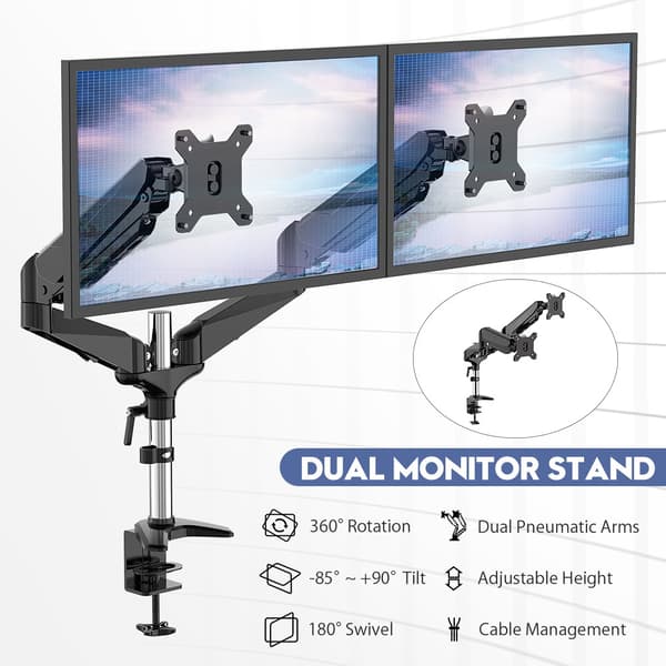 BlitzWolf BW-MS4 Ställ för dubbla bildskärmar med dubbla pneumatiska armar Klämma på monteringsbas 32" bildskärmsstativ 360° rotation, rymmer två