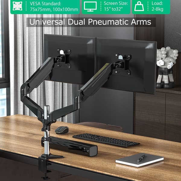 BlitzWolf BW-MS4 Ställ för dubbla bildskärmar med dubbla pneumatiska armar Klämma på monteringsbas 32" bildskärmsstativ 360° rotation, rymmer två