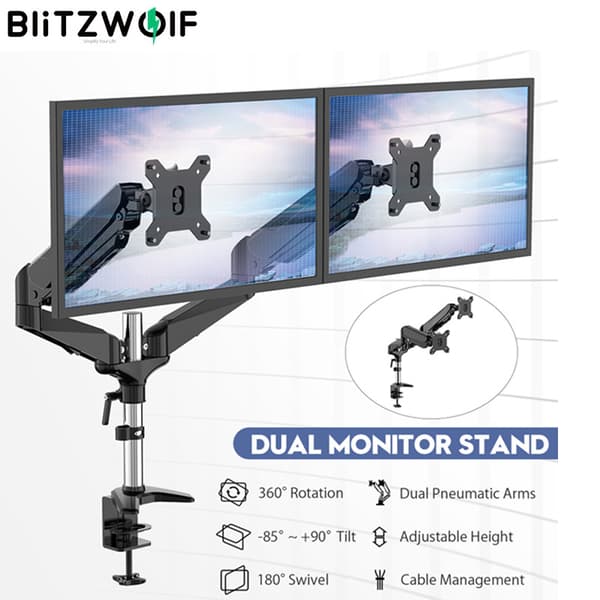 BlitzWolf BW-MS4 dobbeltskærmstativ med dobbelt pneumatisk armklemme på monteringsbasen 32" skærmstativ 360° rotation, holder to computerskærme med