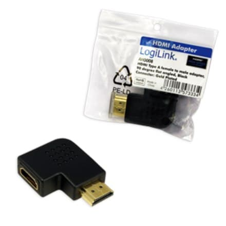 Logilink HDMI retvinklet adapter | 19 ben HDMI Type A | Mand | 19 ben HDMI Type A | Kvinde | Sort