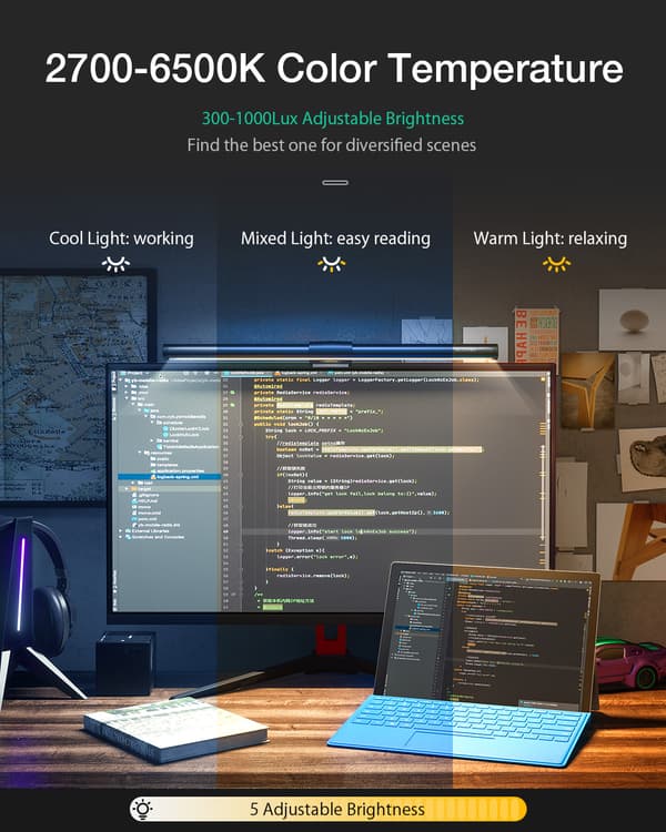 BW-CML2 RGB Gaming Monitor Light Bar Dubbel ljuskälla 300-1000Lux Justerbar Cool/Blanda/Varmt Ljus Ögonskydd Anti-glare USB e-läsljus