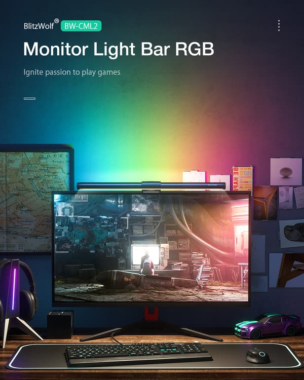 BW-CML2 RGB Gaming Monitor Light Bar Dubbel ljuskälla 300-1000Lux Justerbar Cool/Blanda/Varmt Ljus Ögonskydd Anti-glare USB e-läsljus