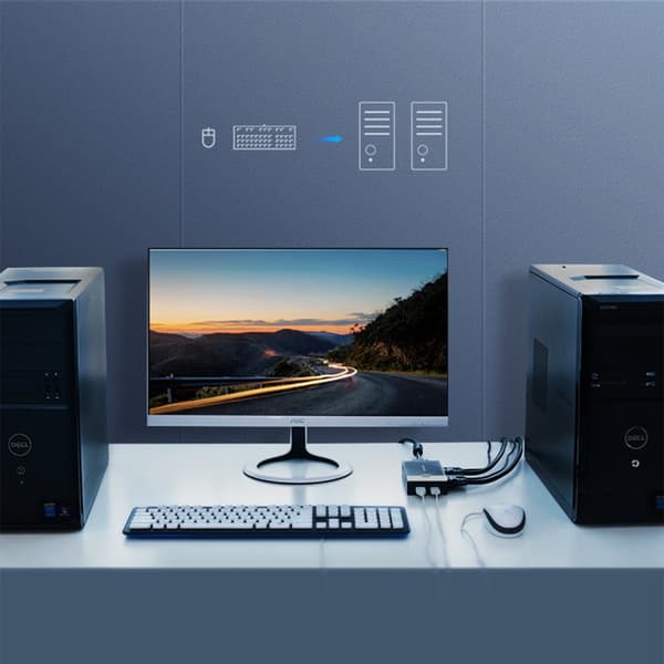 KVM switch 30357 to computere en tastatur mus og sort skærm