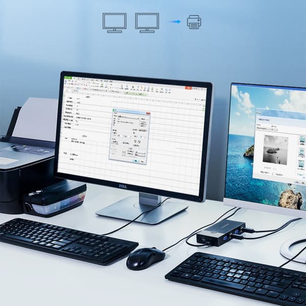 KVM switch 30357 to computere en tastatur mus og sort skærm