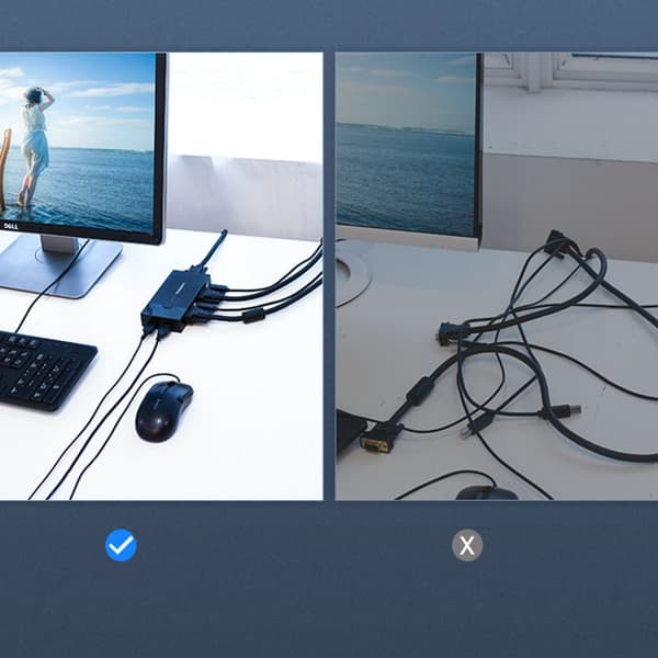 KVM switch 30357 to computere en tastatur mus og sort skærm