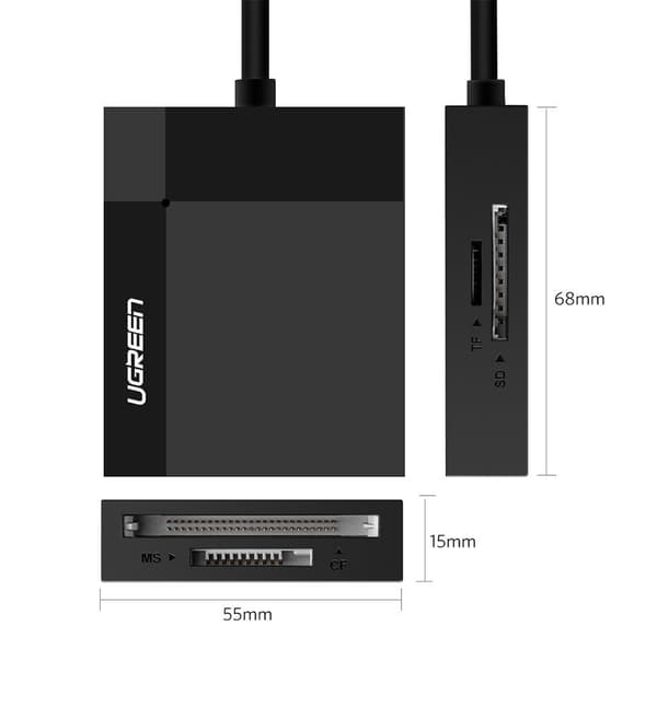 SD / micro SD / CF / MS-muistikortinlukija, USB 3.0 -liitin - musta