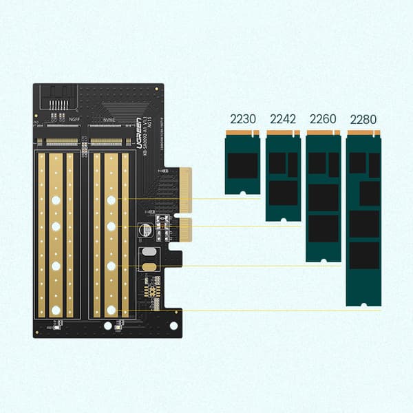 Expansionskort PCIe 3.0 x4-adapter ytterligare två SSD-platser M.2 M-Key och M.2 B-Key