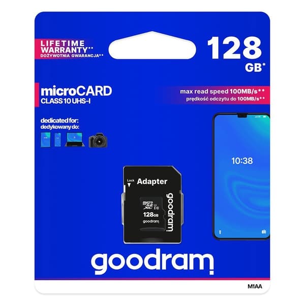 Mikrokort minneskort 128GB micro SD XC UHS-I klass 10 + SD-adapter