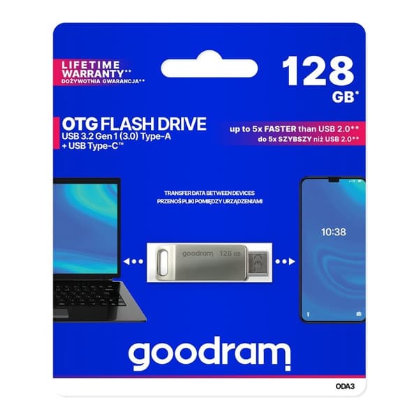 Pendrive 128GB, två USB 3.2 + USB-C OTG ODA3-kontakter, silver
