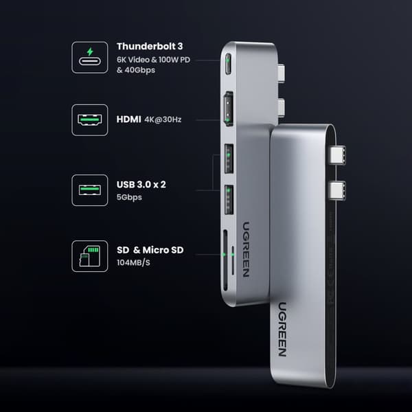 Portsplitter HUB MacBook Air Pro 2x USB-C HDMI 2x USB 3.0 SD TF PD grå