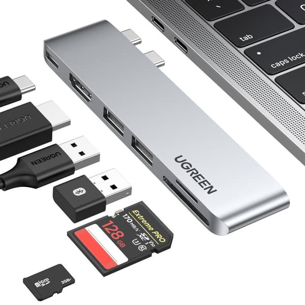 Portsplitter HUB MacBook Air Pro 2x USB-C HDMI 2x USB 3.0 SD TF PD grå
