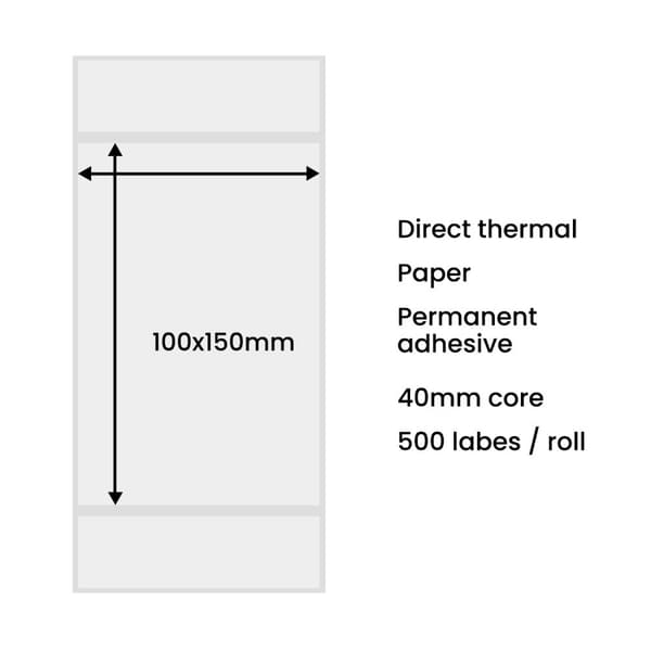 Adresselabels til pakker til termoprinter 100x150mm rulle 500stk hvid