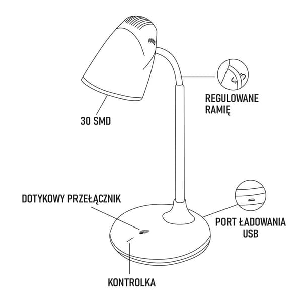 Montis Multifunktionell uppladdningsbar LED-skrivbordslampa MT044 bordslampa 3 W Vit