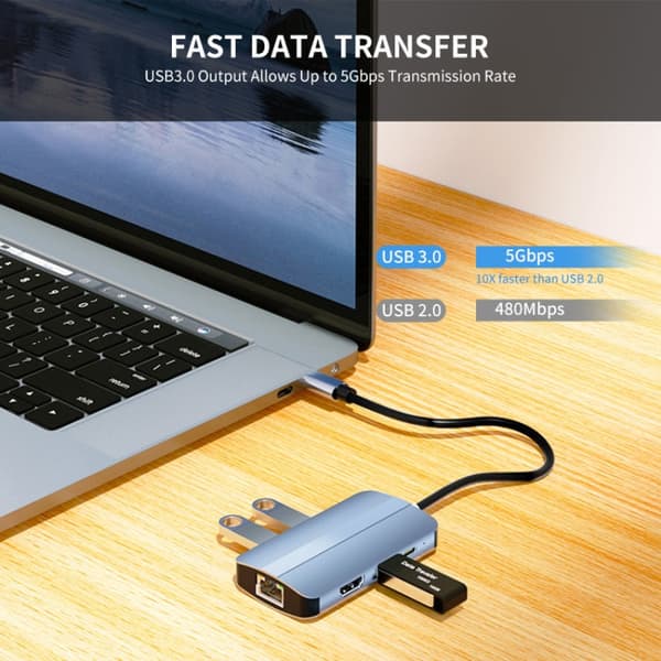 USB 6 in 1 Station USB-C Hub Multiport