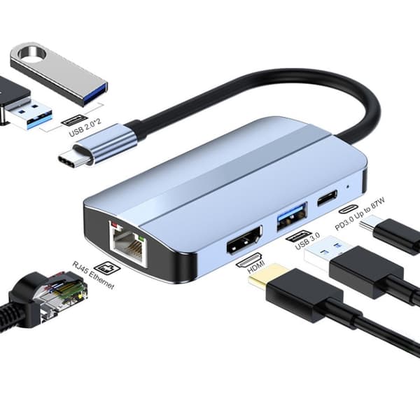 USB 6 in 1 Station USB-C Hub Multiport
