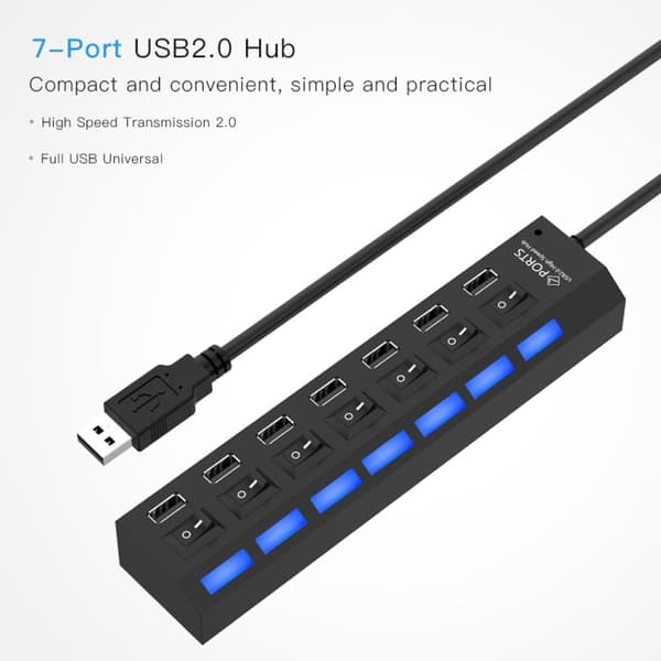 USB Hub 7 Ports 2.0 Splitter (Black)