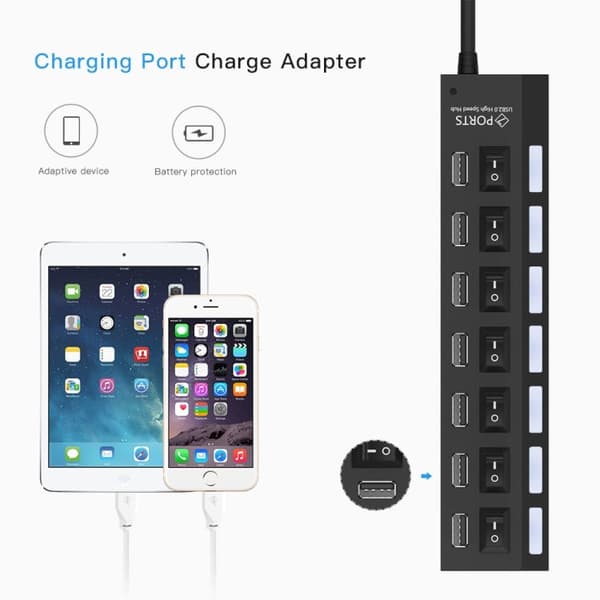 USB Hub 7 Ports 2.0 Splitter (Black)