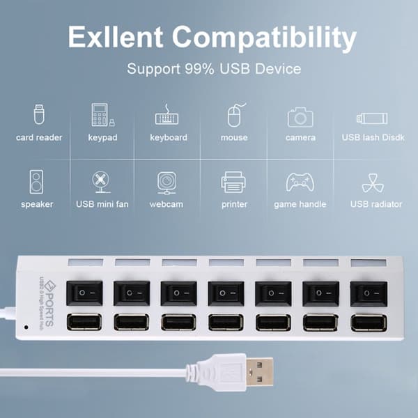 USB Hub 7 Ports 2.0 Splitter (Black)