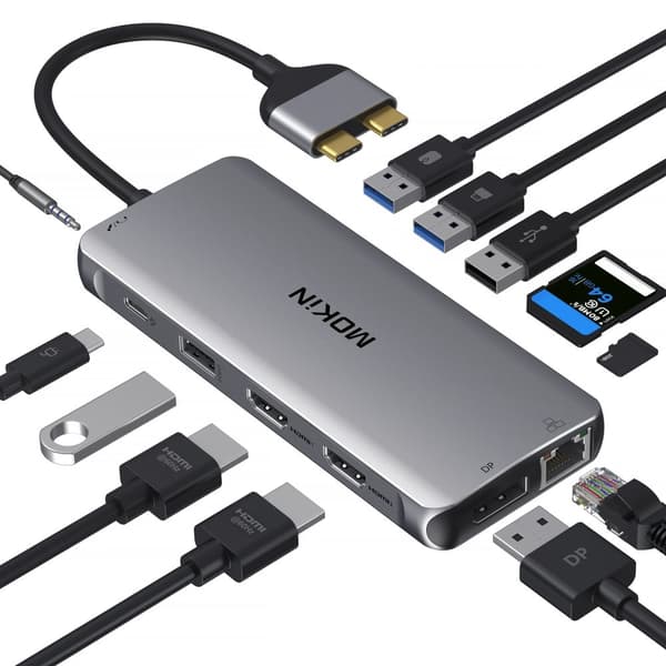 MOKiN USB C Hub Adapter, 12 porte, Dual 4K HDMI output,Rummet Grå