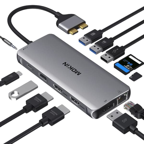 MOKiN USB C Hub Adapter, 12 porte, Dual 4K HDMI output,Rummet Grå