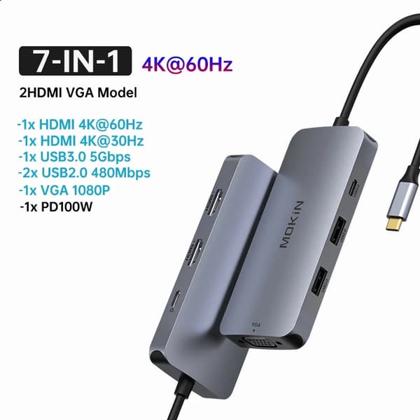 MOKiN USB C HUB, 2 HDMI-porte, 100W strømadapter,7 I 1 (2HDMI VGA)