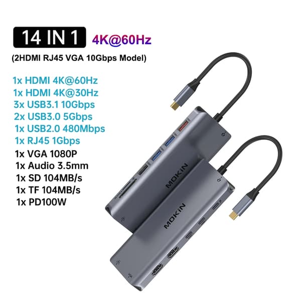 MOKiN USB C Hub, 14 portar, stöder 4K@60Hz,14 i 1 (2HDMI 10Gbps)