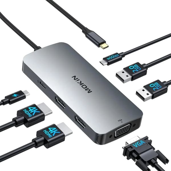 MOKiN 7 i 1 USB Hub, Dual HDMI Support, 100W Strømforsyning,7 i 1 (2HDMI VGA)