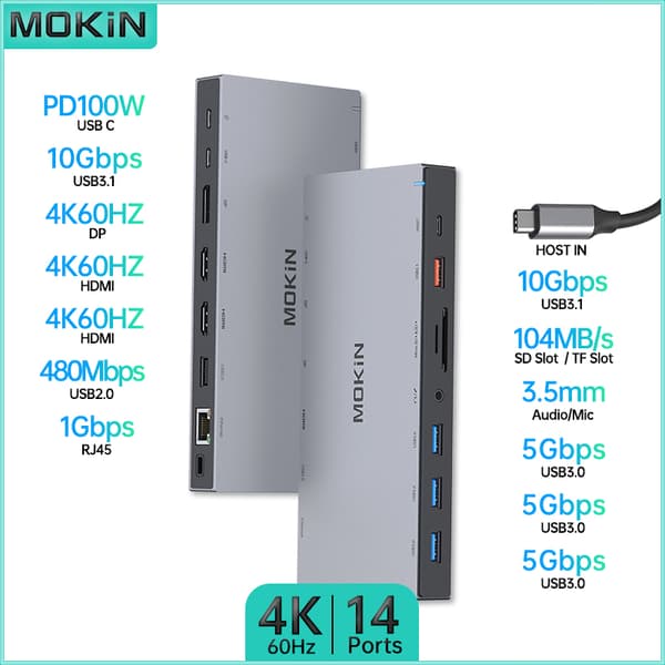 MOKiN 14-i-1 Docking Station, 4K HDMI Udgange, 100W Strømforsyning,Rummet Grå