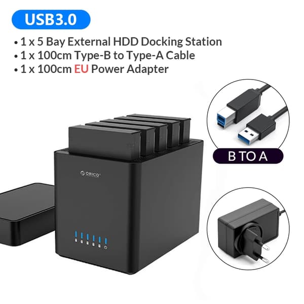 5 Bay Kiintolevykotelo, 90TB Kapasiteetti Tuki, USB3.0/Type-C Liitäntä,USB3.0 EU-pistoke
