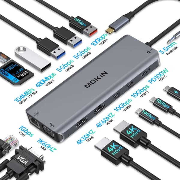MOKiN USB Hub, 14 i 1 Funktionalitet, Dobbelt HDMI Udgange,14 i 1 2HDMI VGA