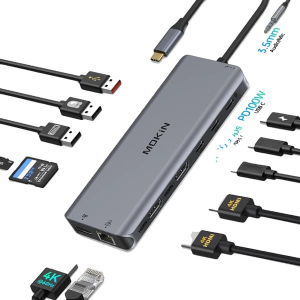 MOKiN USB Hub, 14 i 1 Funktionalitet, Dobbelt HDMI Udgange,13 i 1 2HDMI DP
