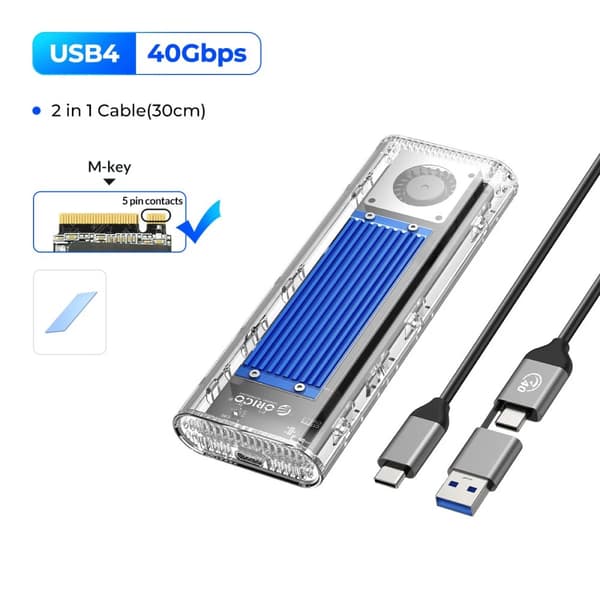 USB4 M.2 NVMe SSD-æske, 40Gbps overførselshastighed, indbygget køleventilator,med Fan Blå