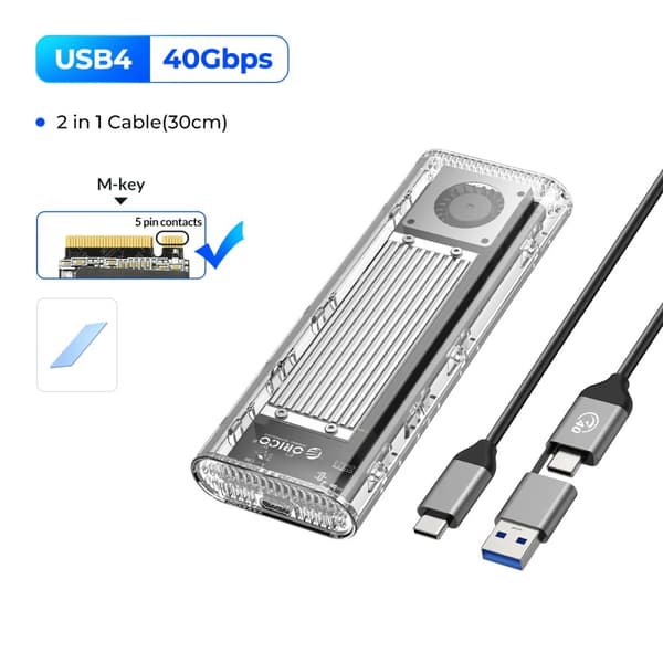USB4 M.2 NVMe SSD-æske, 40Gbps overførselshastighed, indbygget køleventilator,med Fan Silver